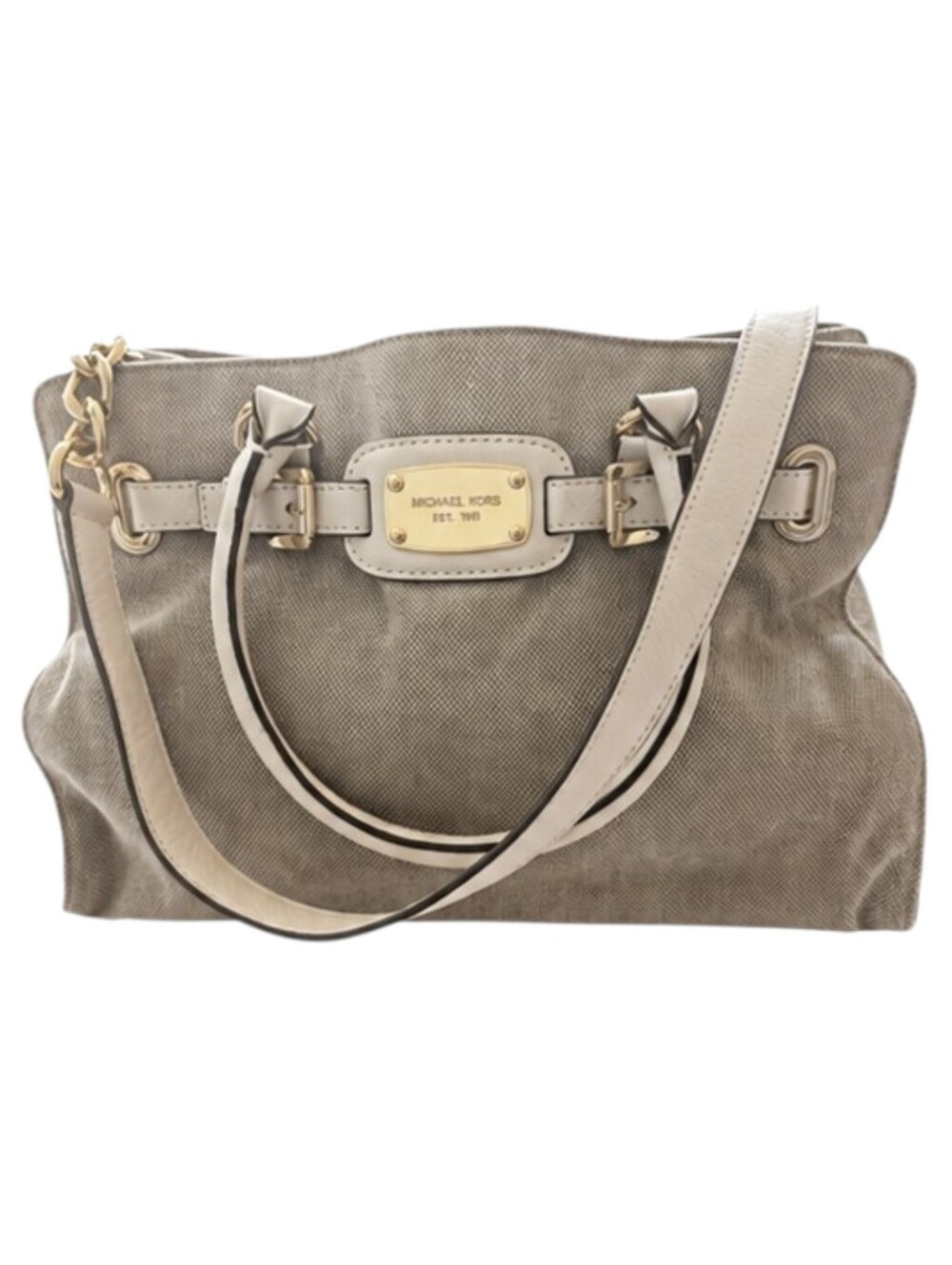 Michael Kors Hamilton Taupe Canvas Tote Gold Hardware Shoulder Bag Classic Work